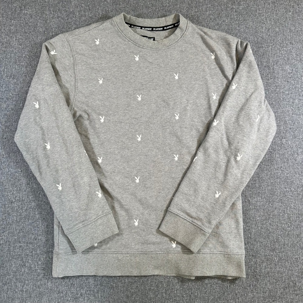 Playboy Mens Large Sweatshirt Heather Gray All Over Bunny Logo Cotton Pullover